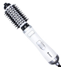 Professional 2-in-1 rotating hot air brush and hair volumizer in white and silver.