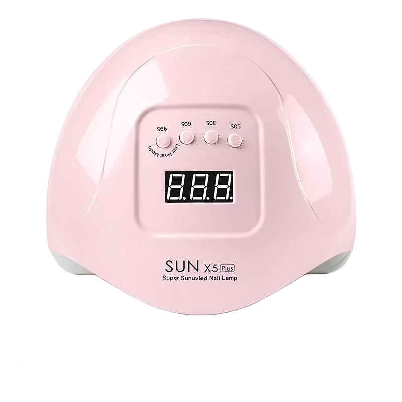 Pink nail lamp with digital display and EU-220V European plug on a white background