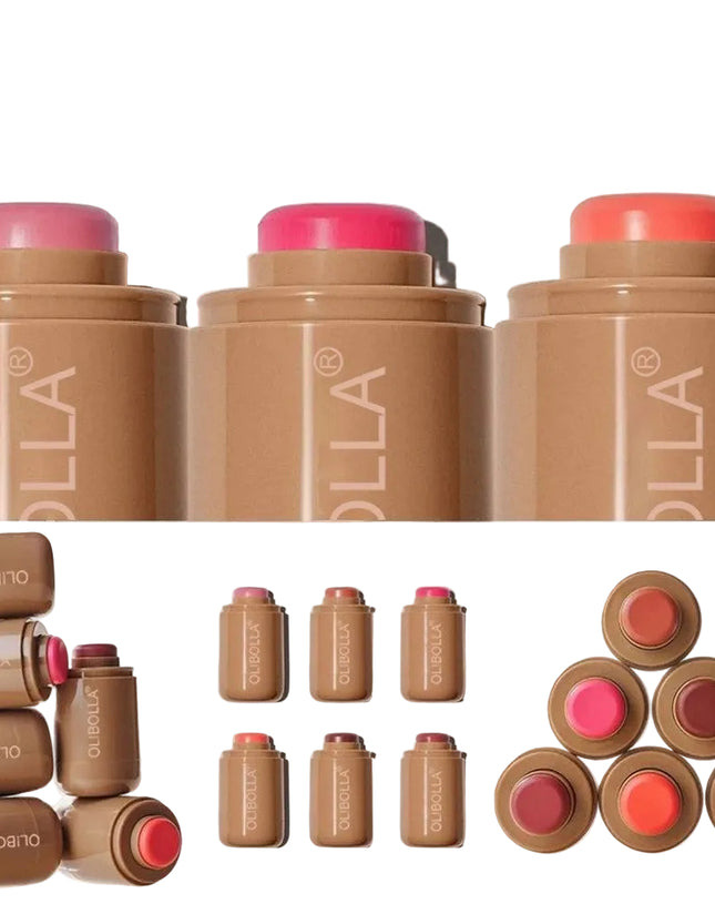 Collage of OLLA makeup products including lipsticks and blushes on a white background.