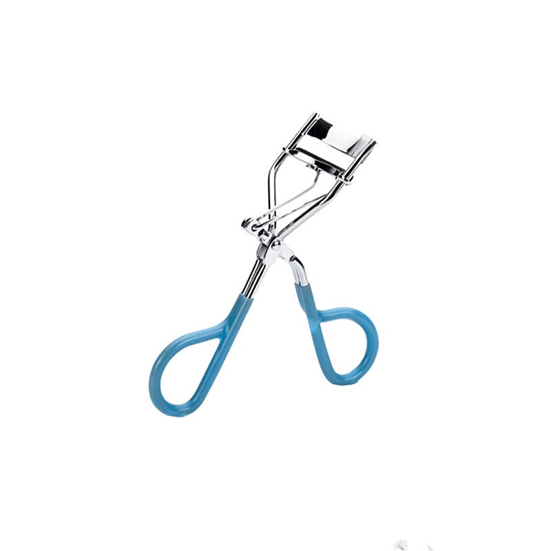 Eyelash curler with blue handles on a white background