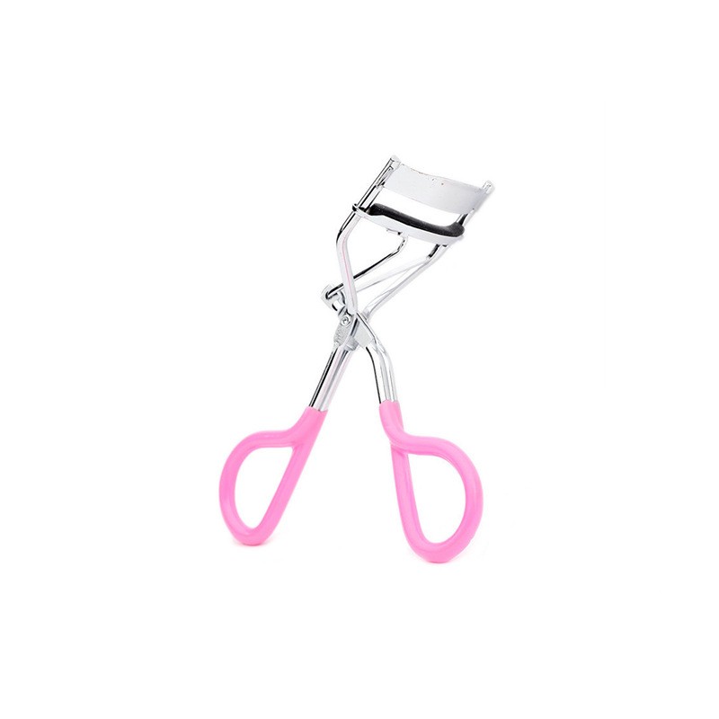 Eyelash curler with pink handles on a white background