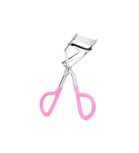 Eyelash curler with pink handles on a white background