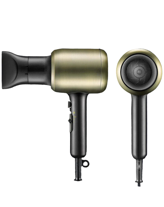 Gold and black hair dryer with nozzle attachment on a dark background