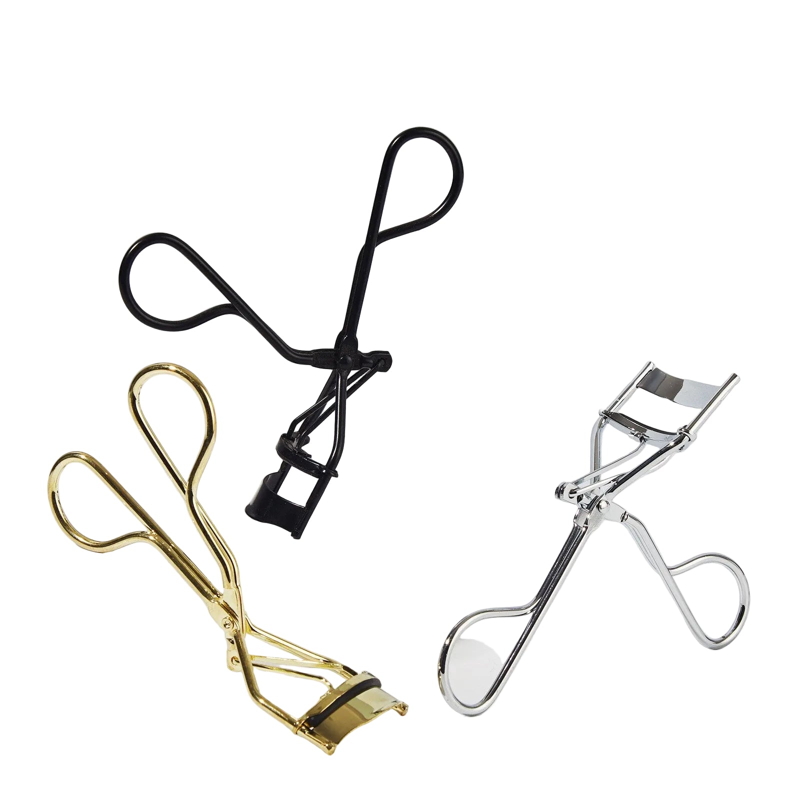 Three eyelash curlers in black, gold, and silver on a white background