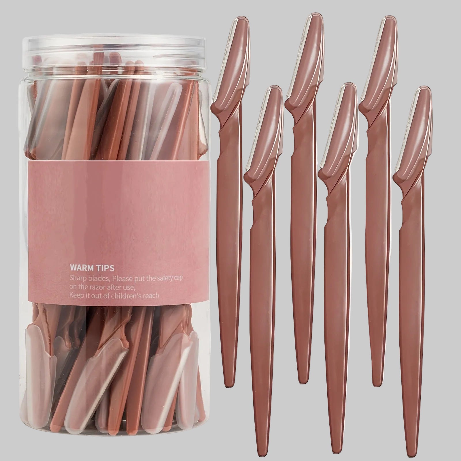Set of pink plastic knives with a clear container labeled 'WARM TIPS' on a white background.