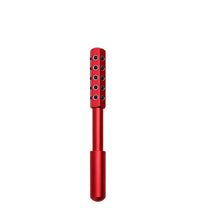 Red metal tool with black circular components on a white background