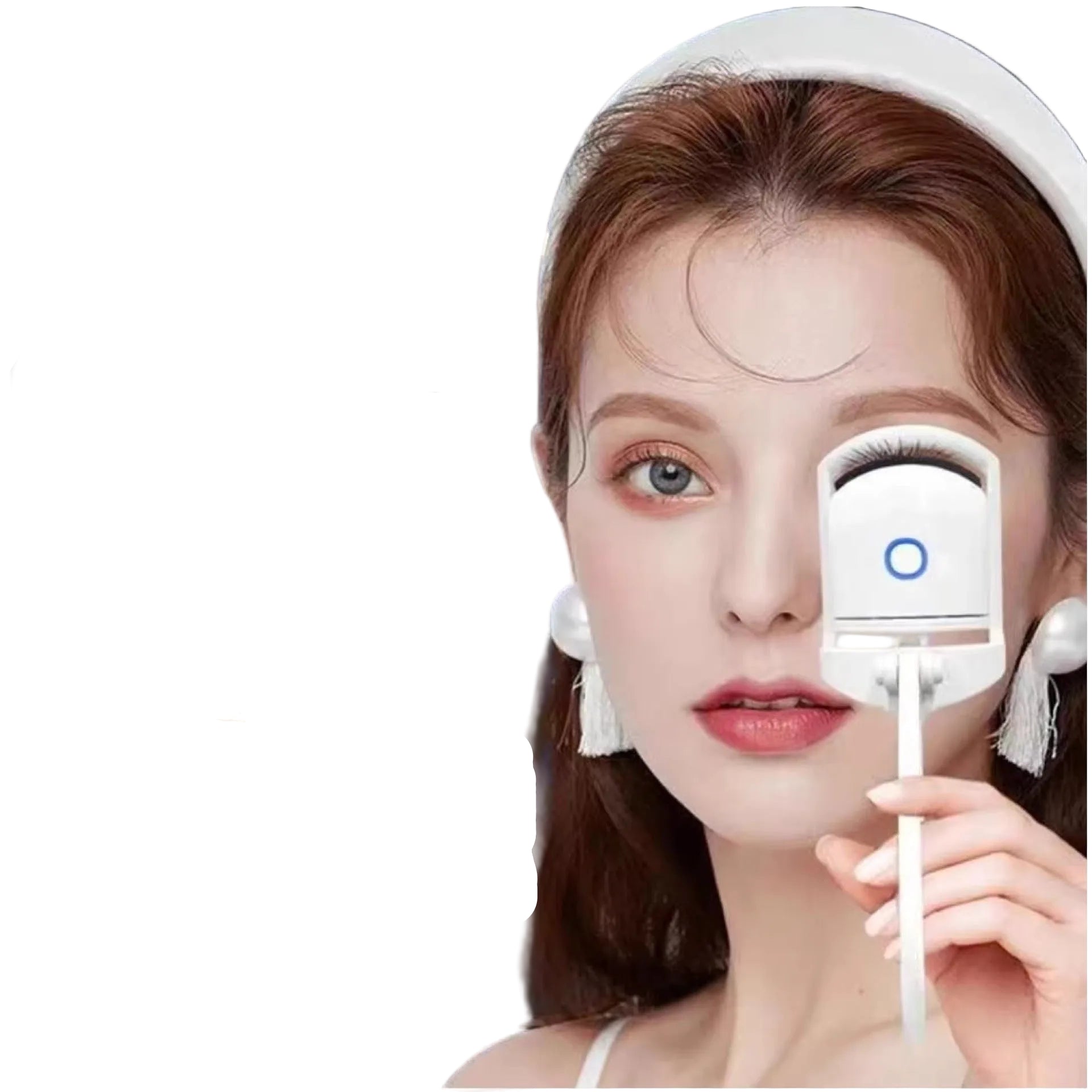 Woman using a device to treat her eyes with text 'Clip and iron, 5 seconds to set' on a dark background.