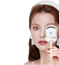 Woman using a device to treat her eyes with text 'Clip and iron, 5 seconds to set' on a dark background.